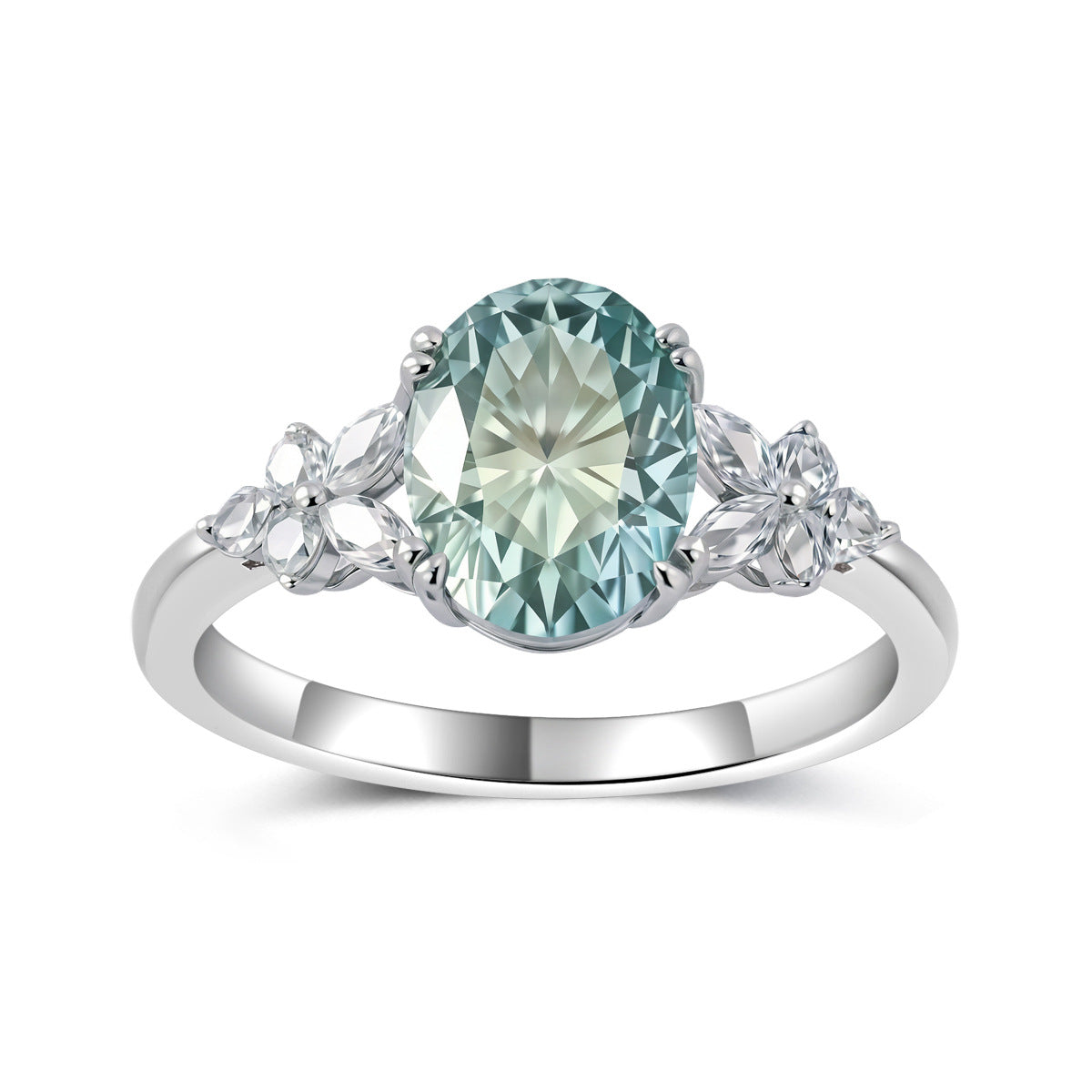 Lagoon Oval Ring – 2ct blue-green oval moissanite floral cluster ring in 925 sterling silver