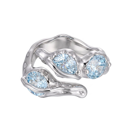 Blue Wave Ring – adjustable sculptural wave ring with blue cubic zirconia in 925 sterling silver