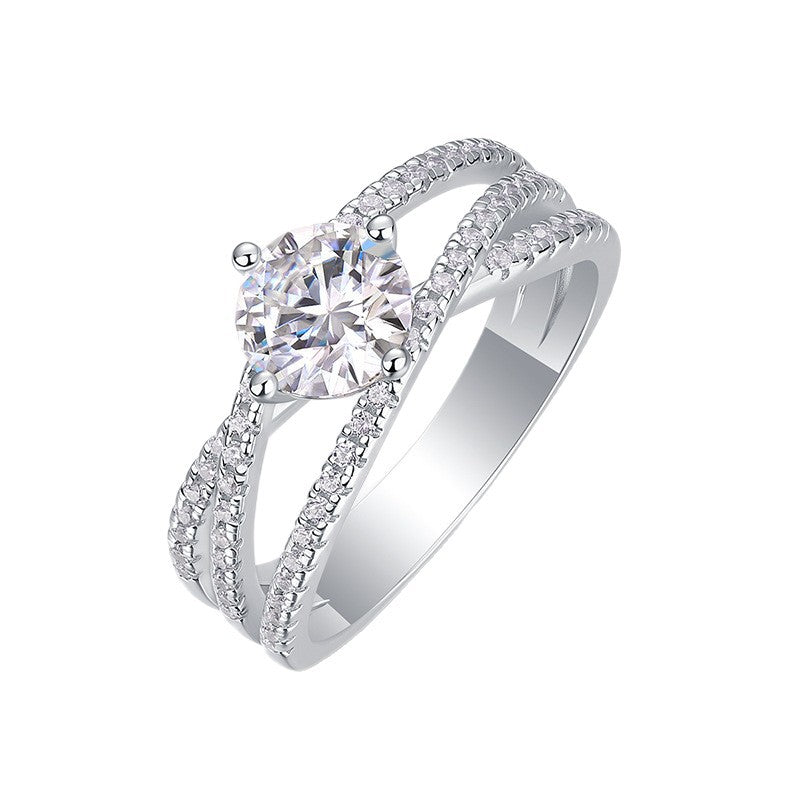 Moissanite Crossover Ring – 1ct round moissanite split-shank crossover ring in rhodium-plated 925 sterling silver