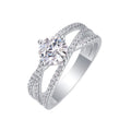 Moissanite Crossover Ring – 1ct round moissanite split-shank crossover ring in rhodium-plated 925 sterling silver