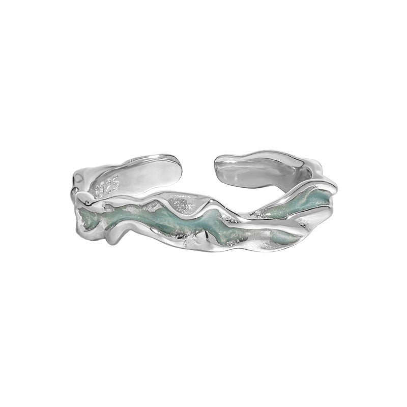 Aqua Wave Ring – adjustable open ring in rhodium-plated 925 sterling silver with aqua green epoxy inlay