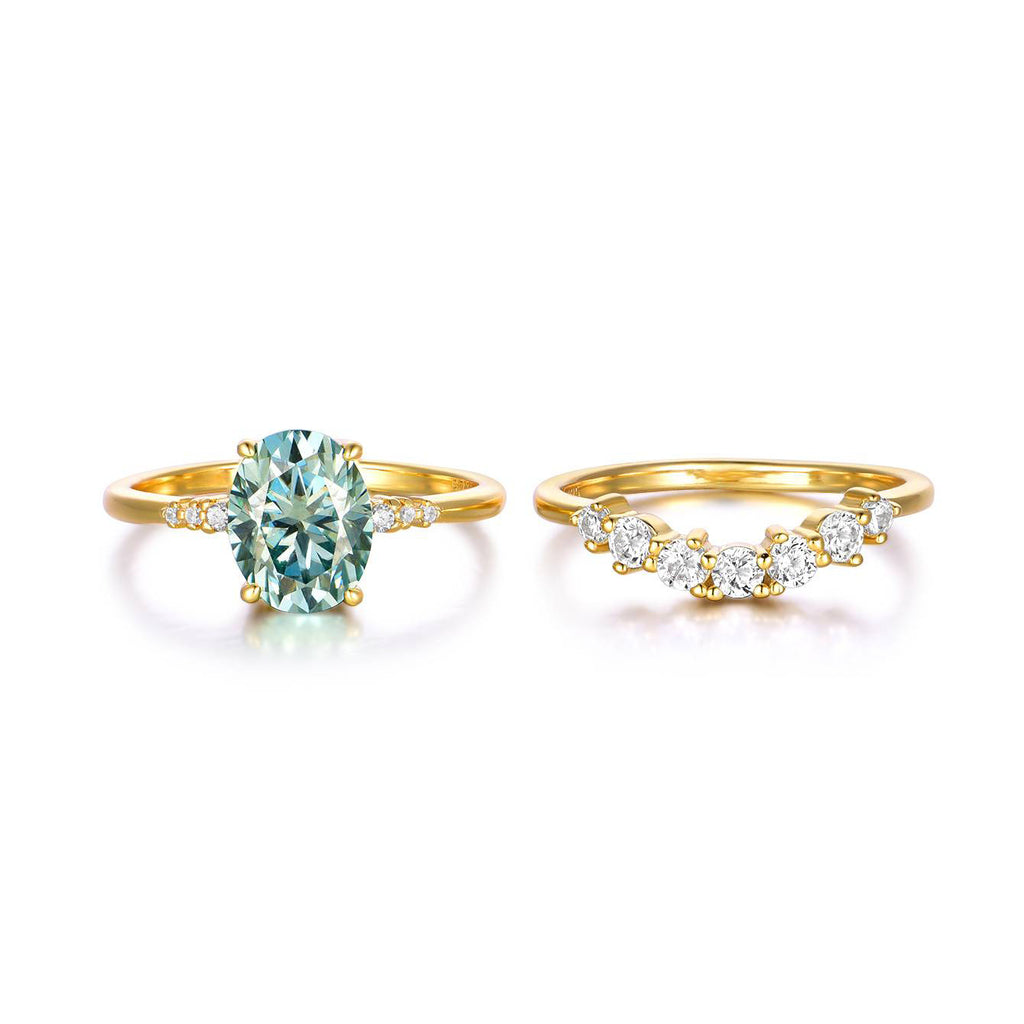 Green Oval Ring Set – two-piece green oval moissanite stacking ring set in 925 sterling silver