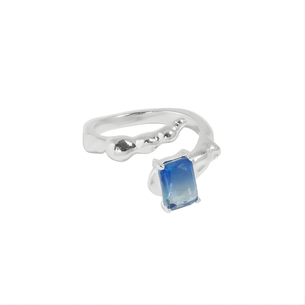 Blue Geometry Ring with deep blue cubic zirconia in rhodium-plated 