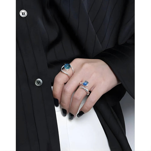Blue Geometry Ring with deep blue cubic zirconia in rhodium-plated 925 sterling silver