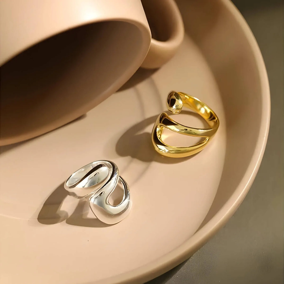 Double Layer chunky sterling silver ring with a wide layered band in gold and silver 