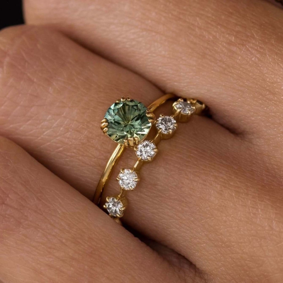 Ocean Row Ring – blue-green moissanite double-band ring with white moissanite accents in 925 sterling silver, view 2