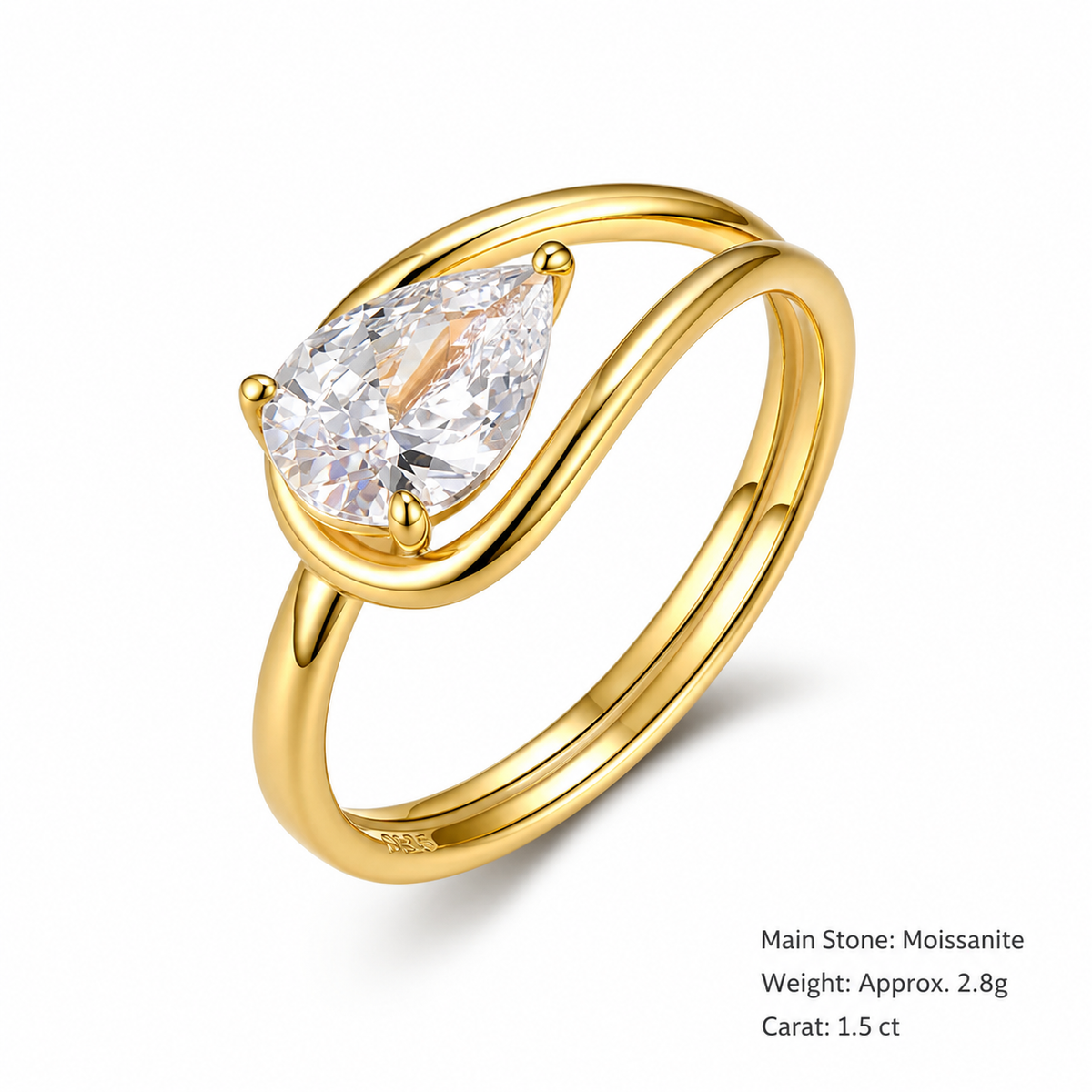 Pear Bypass Ring – 1.5ct pear-cut moissanite bypass ring in 925 sterling silver, view 6