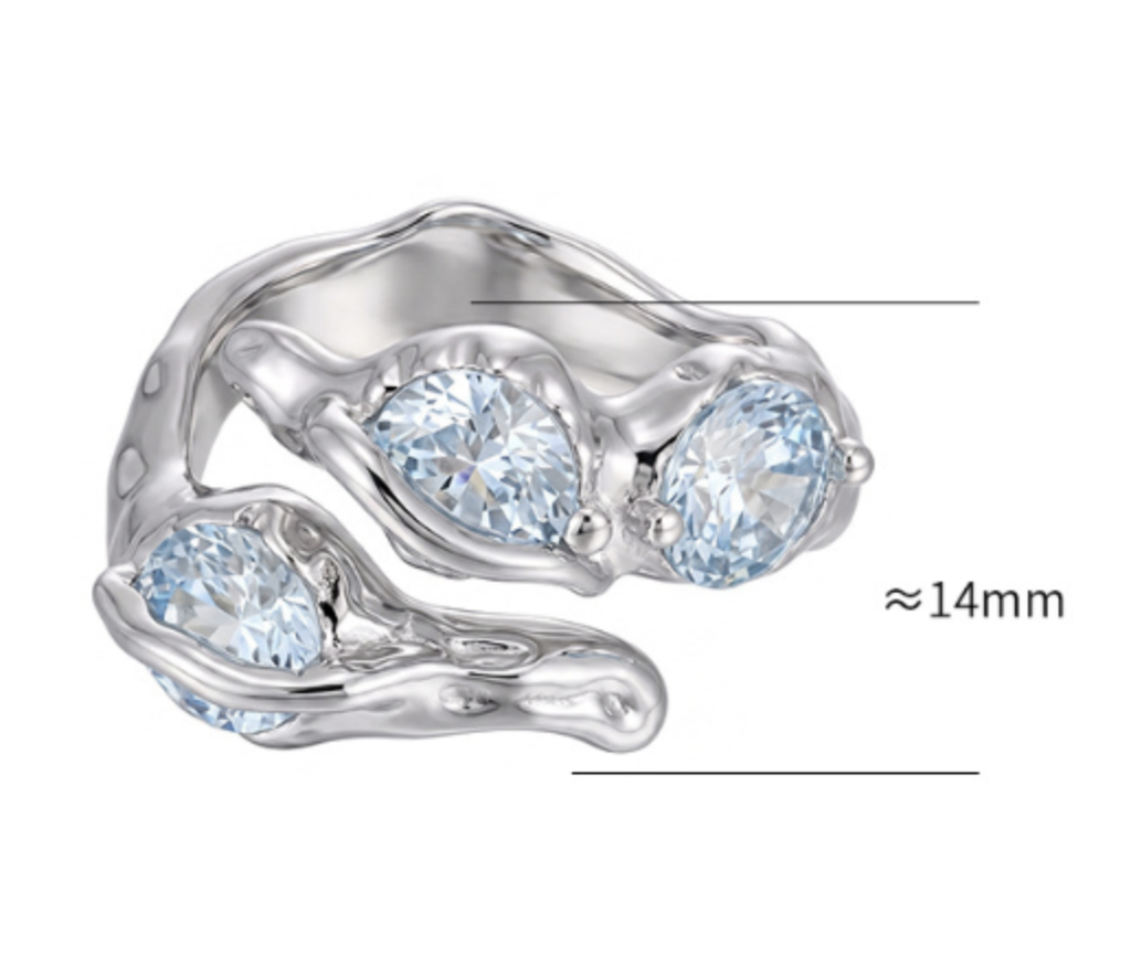 Blue Wave Ring – adjustable sculptural wave ring with blue cubic zirconia in 925 sterling silver, view 7
