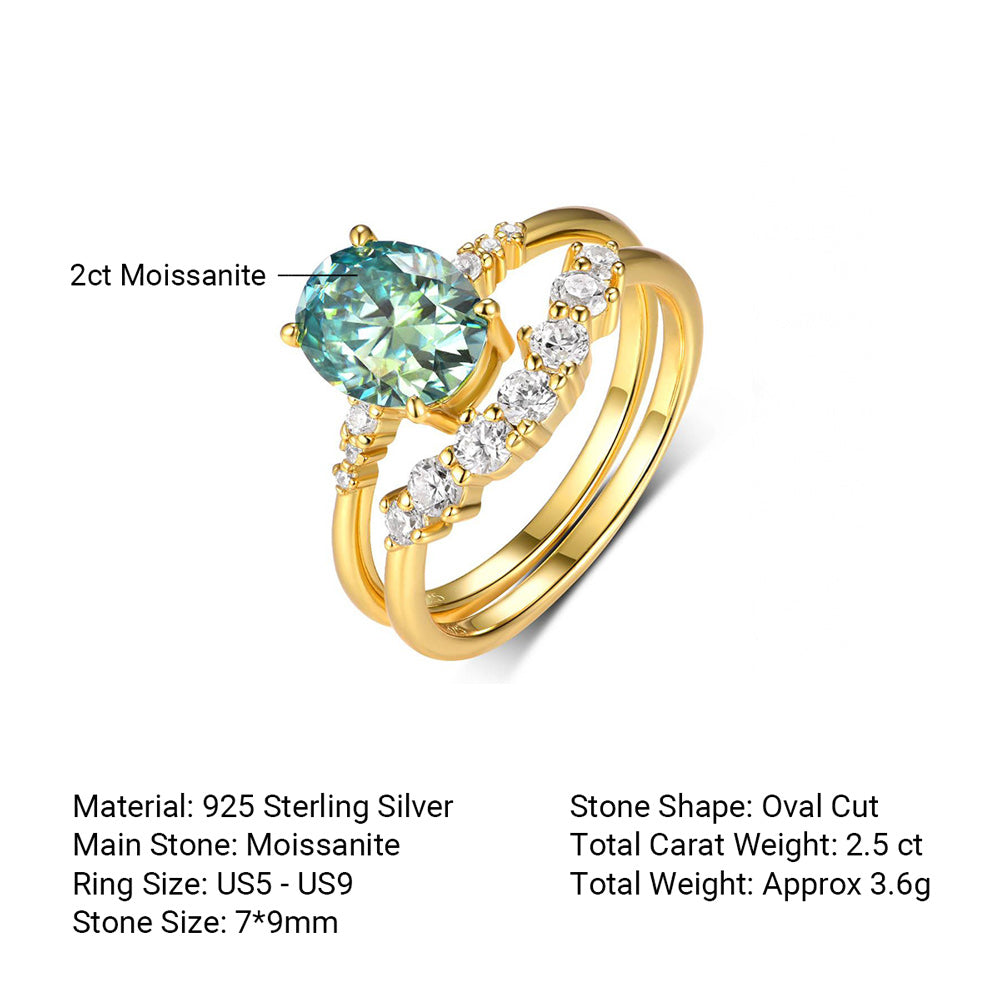 Green Oval Ring Set – two-piece green oval moissanite stacking ring set in 925 sterling silver, view 6
