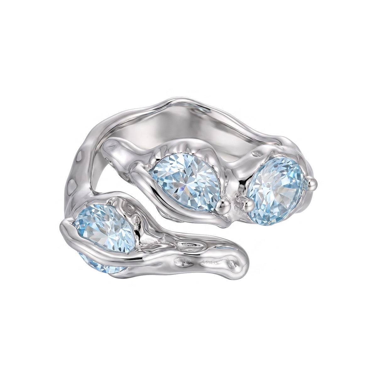Blue Wave Ring – adjustable sculptural wave ring with blue cubic zirconia in 925 sterling silver, view 3