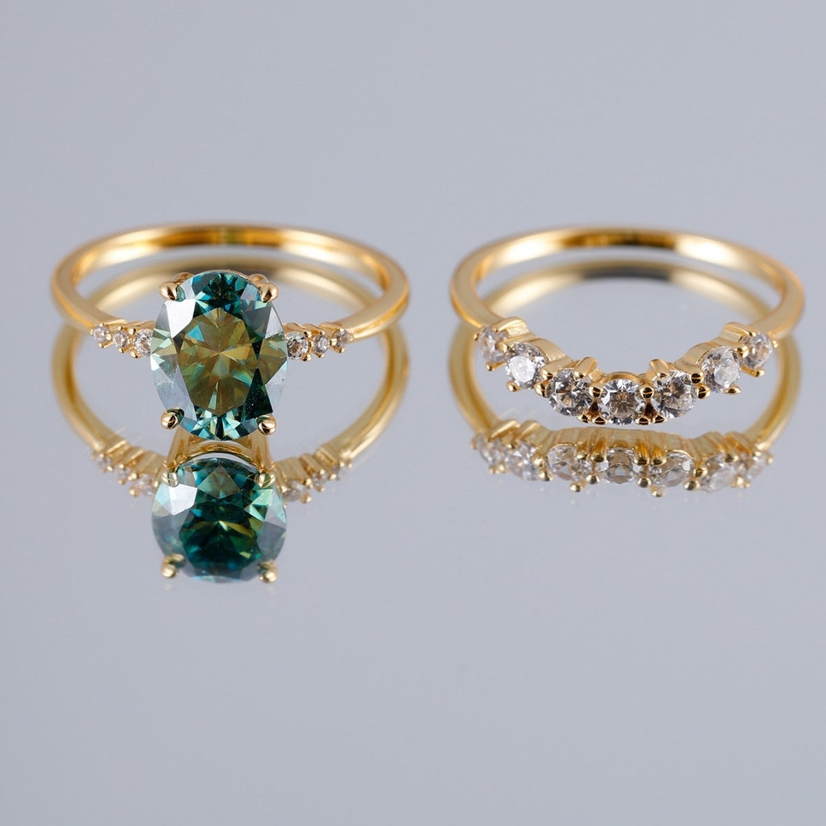 Green Oval Ring Set – two-piece green oval moissanite stacking ring set in 925 sterling silver, view 4