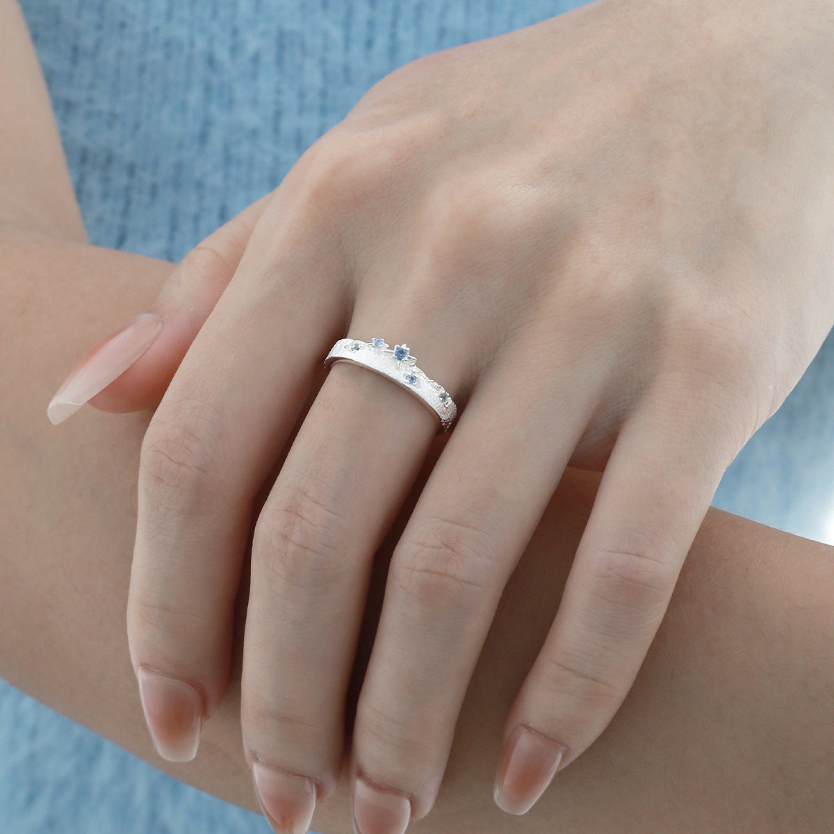 Blue Cubic Zirconia Star Ring | Brushed Silver