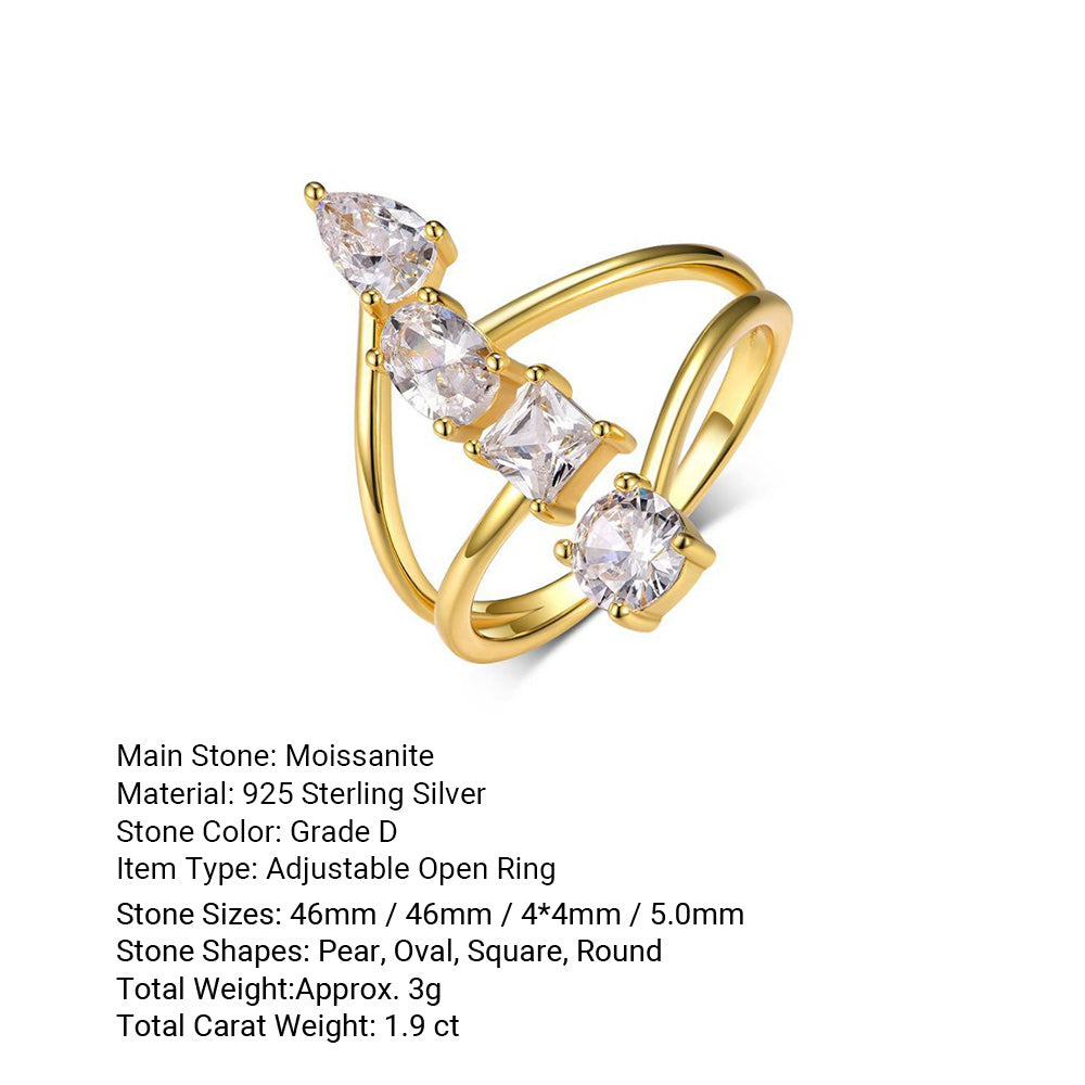 Four Cuts Ring – adjustable bypass ring with four moissanite stones in 925 sterling silver, view 6