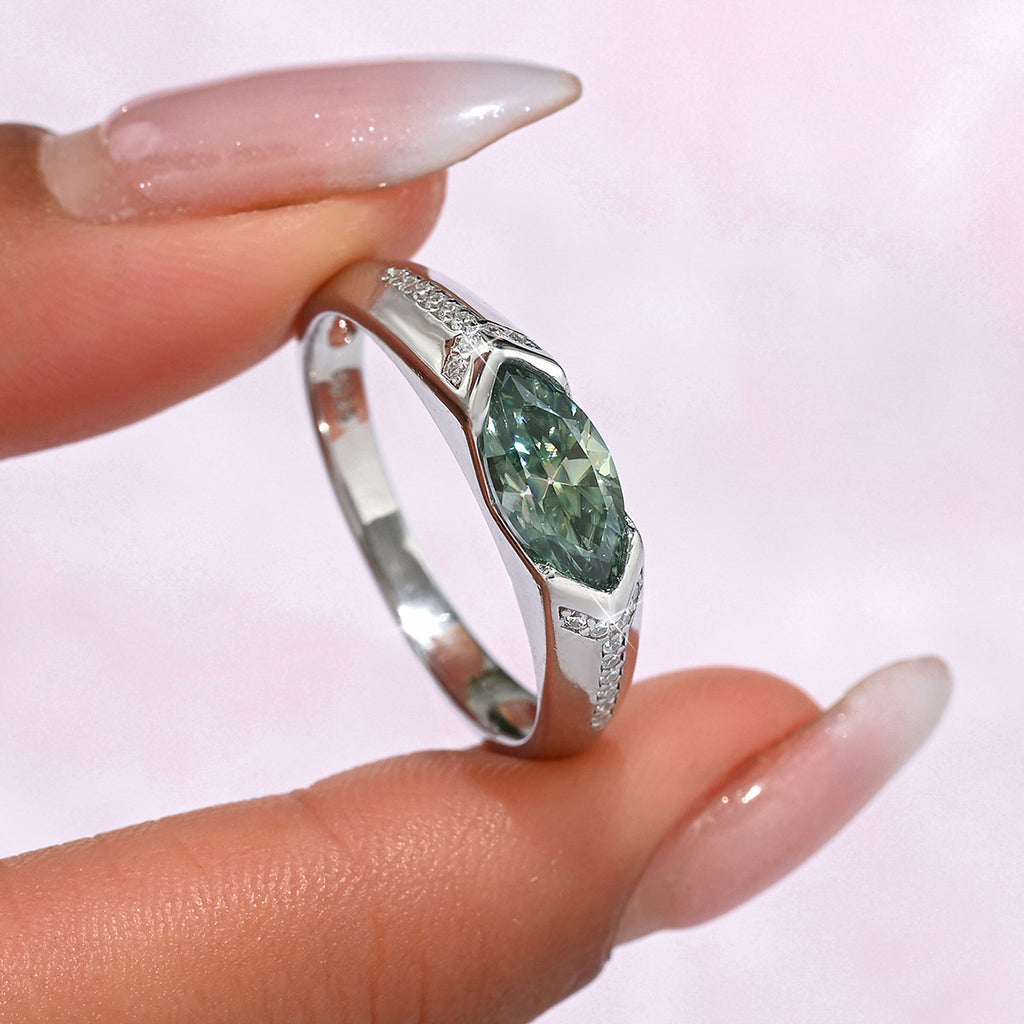 Green Marquise Ring – 925 sterling silver ring with a 1ct green marquise-cut moissanite, view 2