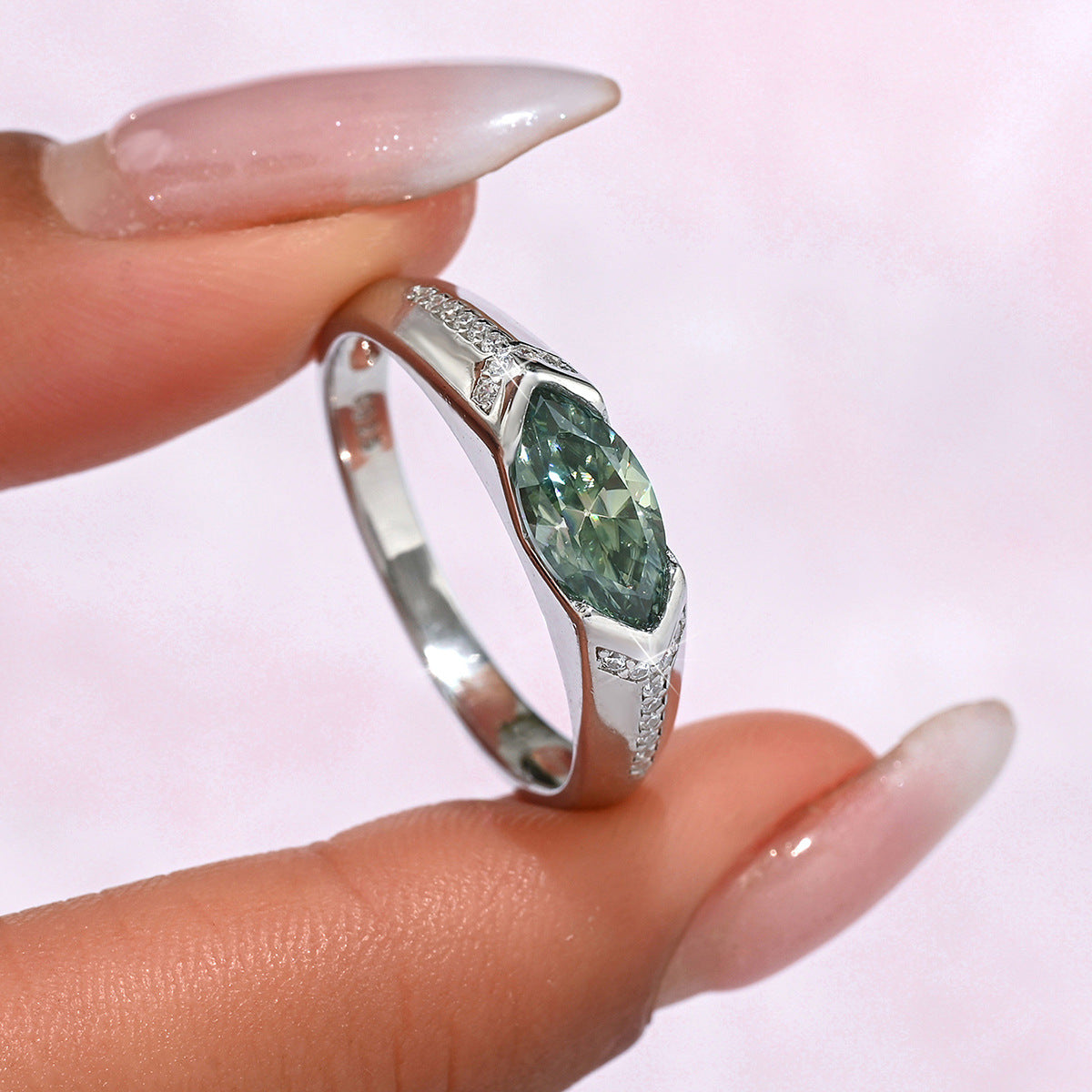 Green Marquise Ring – 925 sterling silver ring with a 1ct green marquise-cut moissanite, view 2