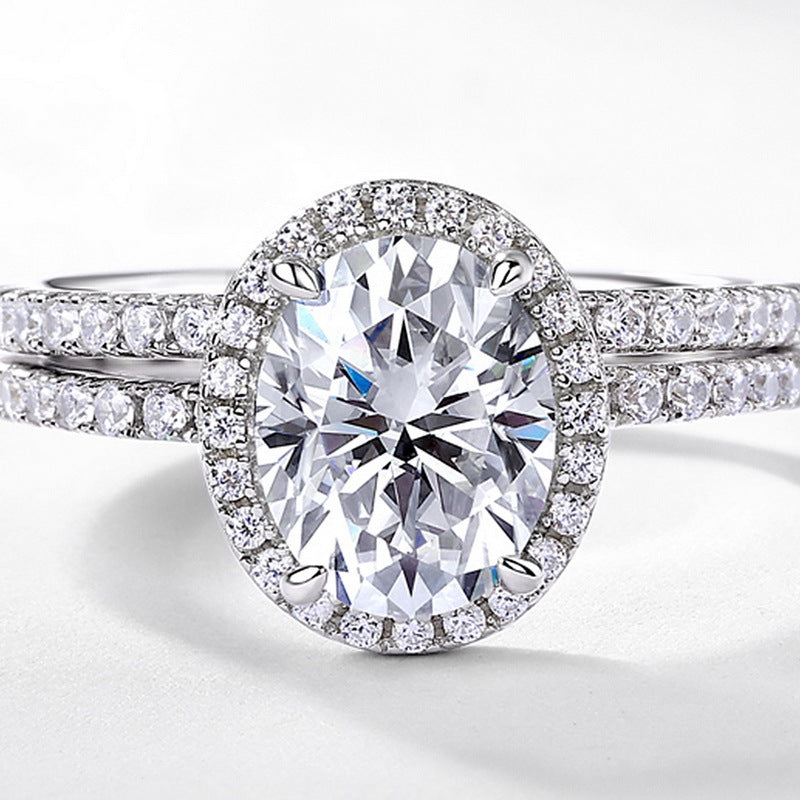 Oval Halo Ring – 2ct oval moissanite halo ring with split shank in 925 sterling silver, view 2