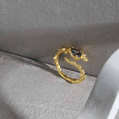 Black Waterdrop Ring – adjustable 925 sterling silver ring with a black cubic zirconia waterdrop stone, view 2