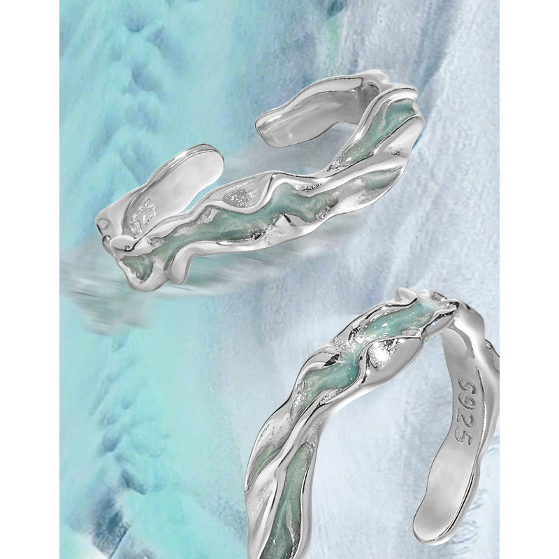 Aqua Wave Ring – adjustable open ring in rhodium-plated 925 sterling silver with aqua green epoxy inlay, view 2