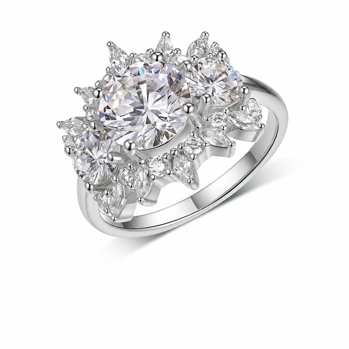 Bloom Halo Ring – 2ct moissanite three-stone halo cluster ring in 925 sterling silver, view 4