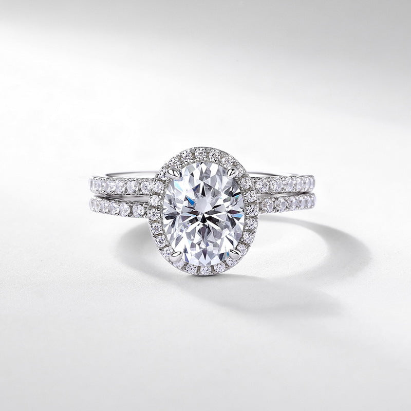 Oval Halo Ring – 2ct oval moissanite halo ring with split shank in 925 sterling silver, view 3