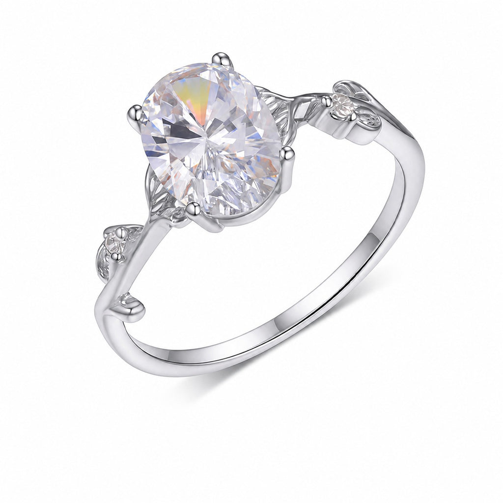 Leaf Branch Ring – 2ct oval moissanite ring with leaf branch band in 925 sterling silver, view 3