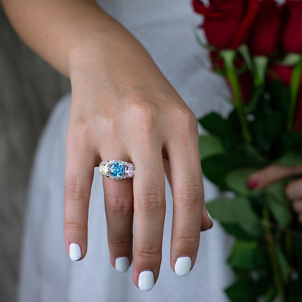 Square Trio Ring – rhodium-plated 925 sterling silver ring with three square created diamonds, view 2