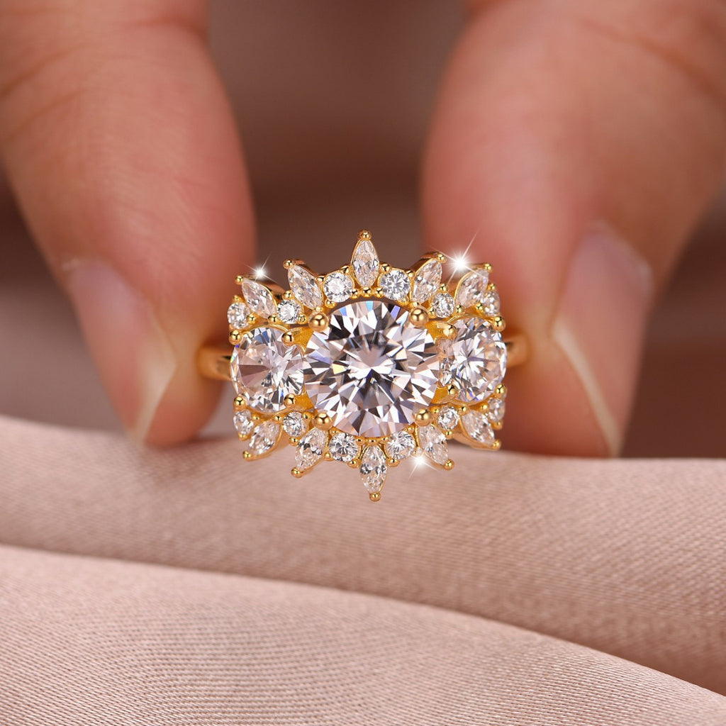 Bloom Halo Ring – 2ct moissanite three-stone halo cluster ring in 925 sterling silver, view 2