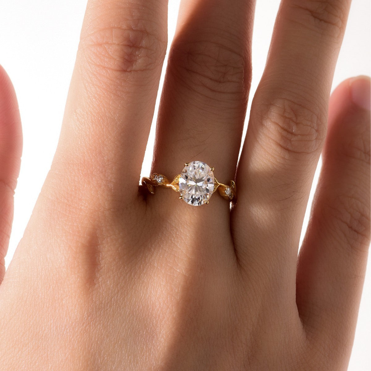 Leaf Branch Ring – 2ct oval moissanite ring with leaf branch band in 925 sterling silver, view 5