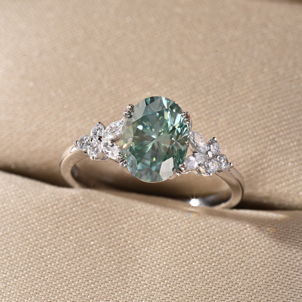 Lagoon Oval Ring – 2ct blue-green oval moissanite floral cluster ring in 925 sterling silver, view 3