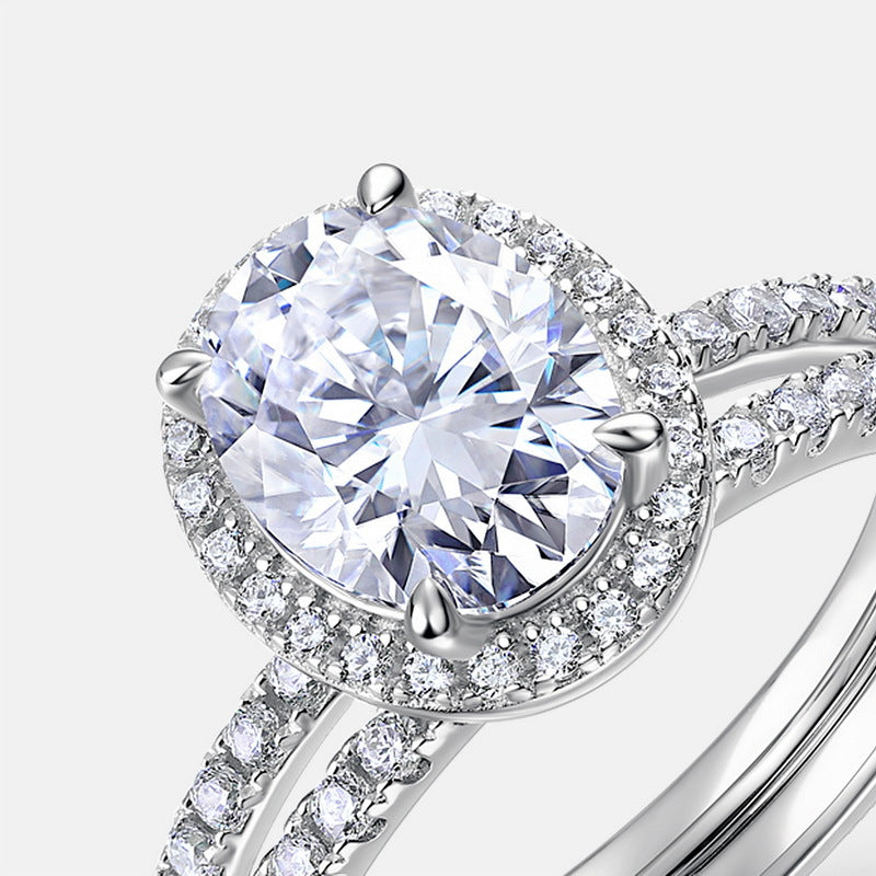 Oval Halo Ring – 2ct oval moissanite halo ring with split shank in 925 sterling silver, view 5