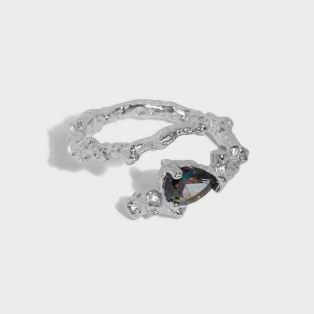 Black Waterdrop Ring – adjustable 925 sterling silver ring with a black cubic zirconia waterdrop stone, view 3
