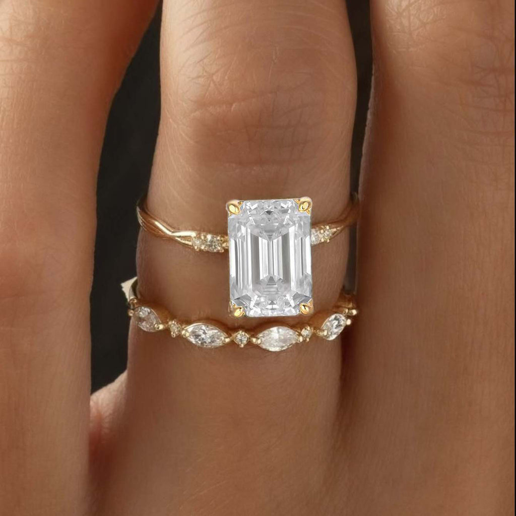 Emerald Cut Ring Set – two-piece emerald-cut moissanite ring set in 925 sterling silver, view 2