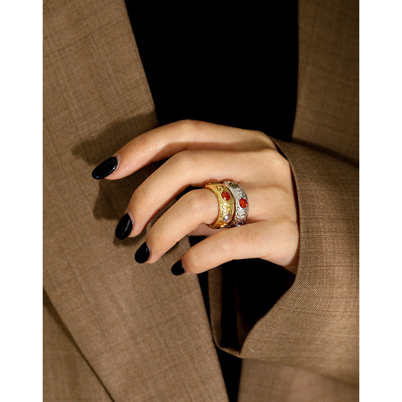 Colour Quartet Ring – adjustable 925 sterling silver ring with four round coloured cubic zirconia stones, view 4