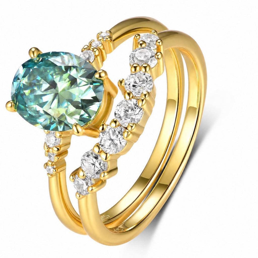 Green Oval Ring Set – two-piece green oval moissanite stacking ring set in 925 sterling silver, view 5