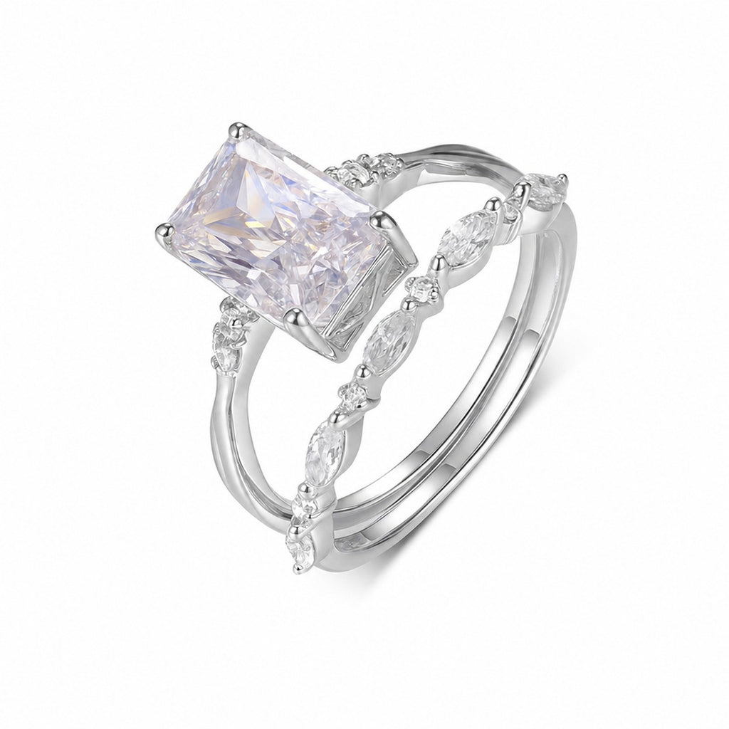 Emerald Cut Ring Set – two-piece emerald-cut moissanite ring set in 925 sterling silver, view 4