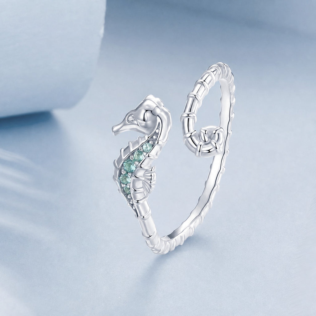 Seahorse Ring – adjustable seahorse ring with blue-green cubic zirconia in 925 sterling silver, view 6