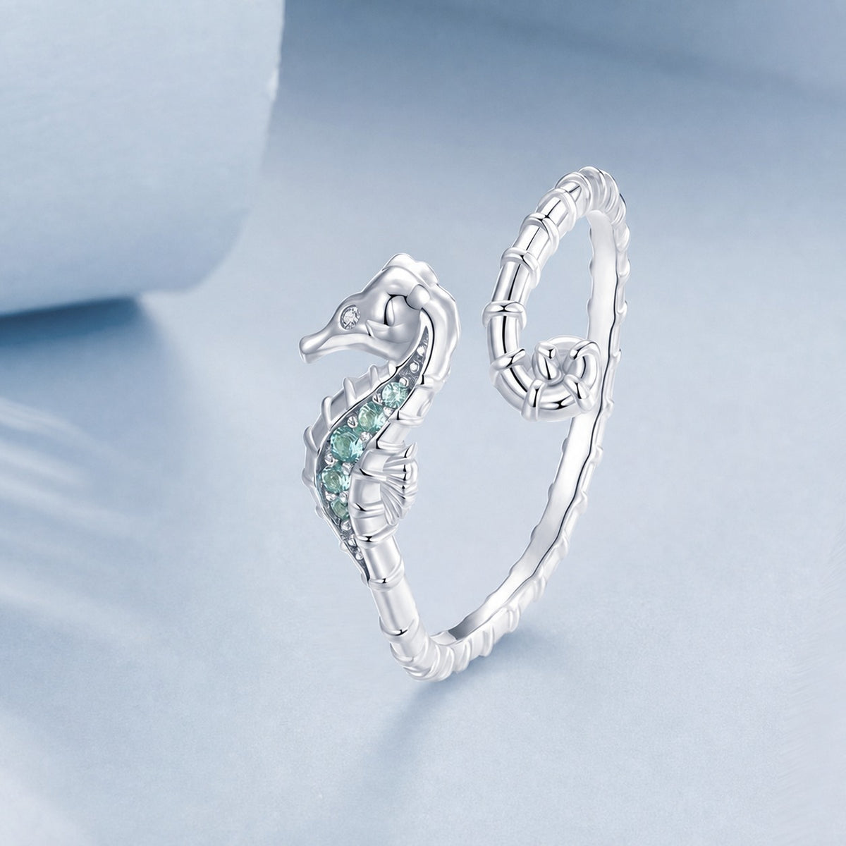 Seahorse Ring – adjustable seahorse ring with blue-green cubic zirconia in 925 sterling silver, view 6