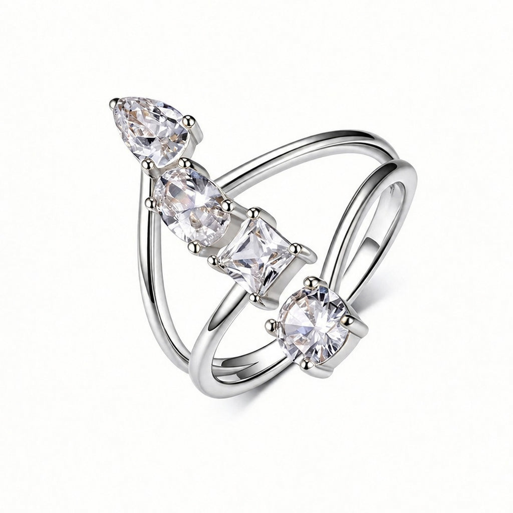 Four Cuts Ring – adjustable bypass ring with four moissanite stones in 925 sterling silver, view 3