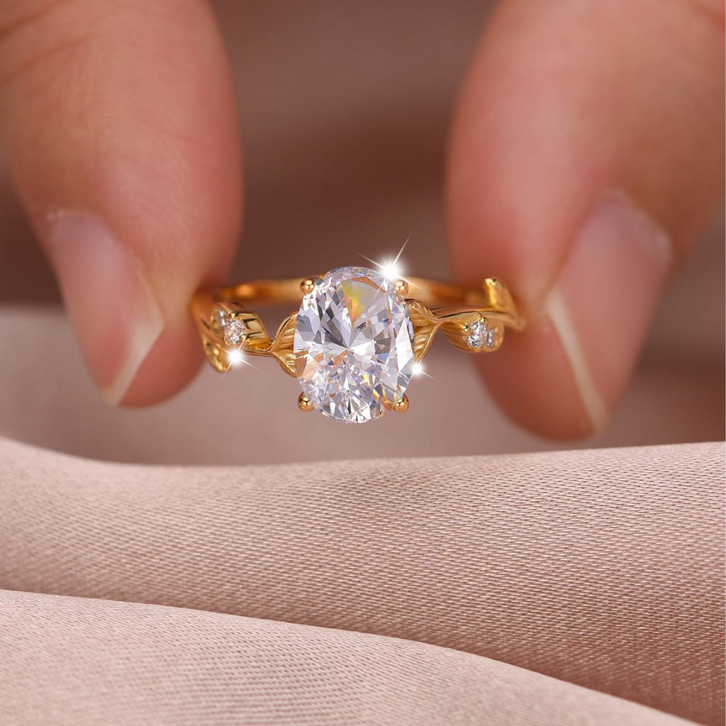Leaf Branch Ring – 2ct oval moissanite ring with leaf branch band in 925 sterling silver, view 2