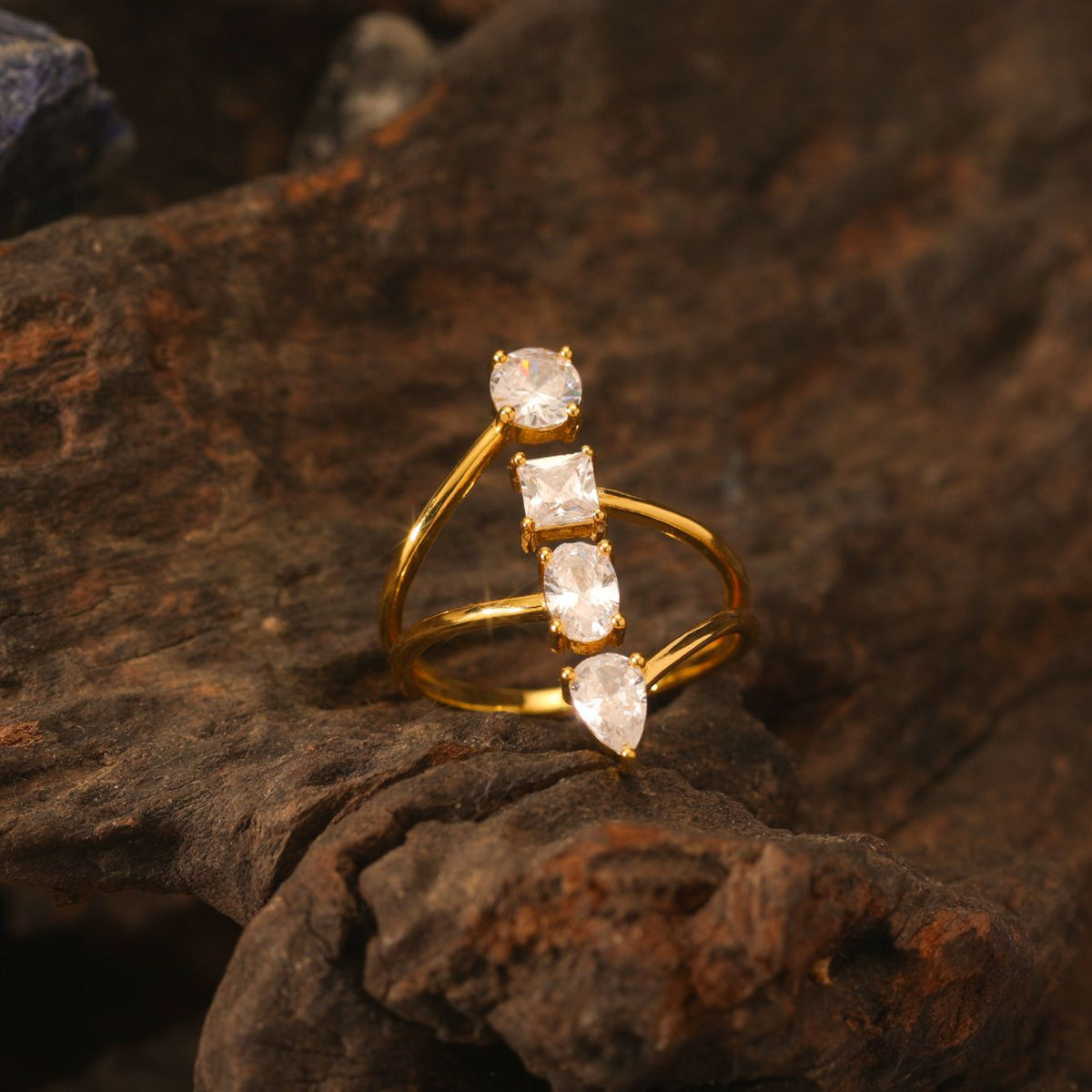 Four Cuts Ring – adjustable bypass ring with four moissanite stones in 925 sterling silver, view 2