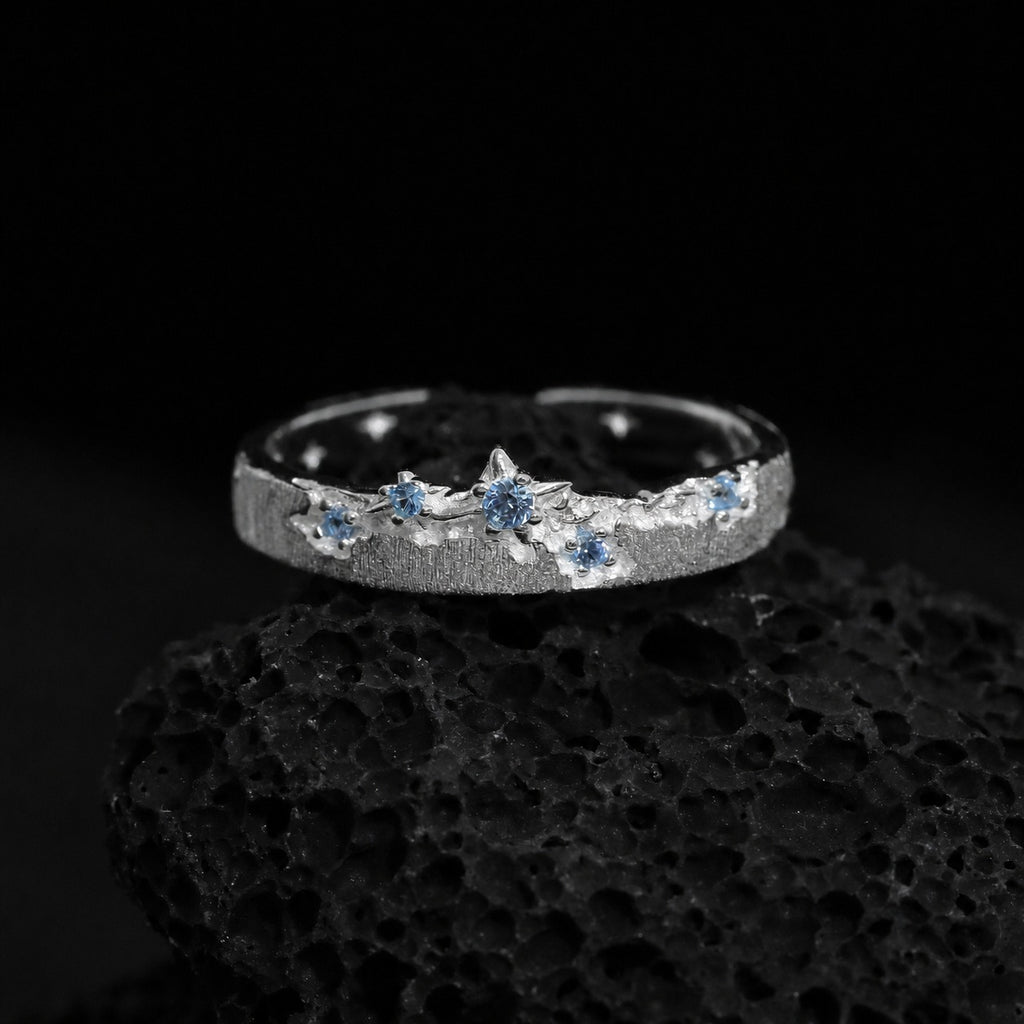 Blue Cubic Zirconia Star Ring | Brushed Silver