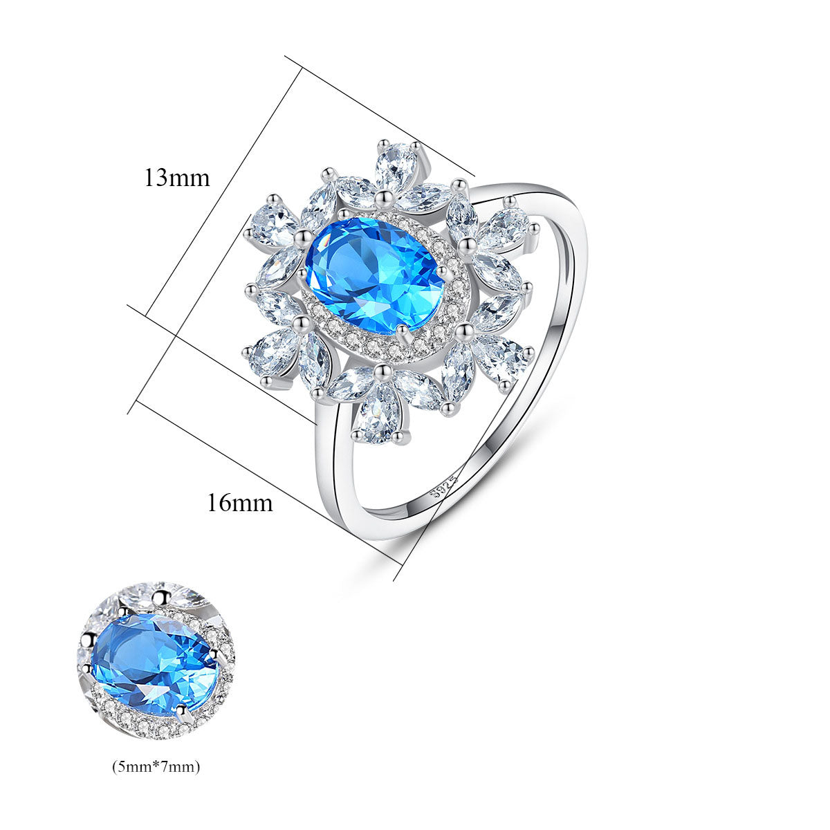 Floral petal ring close up of cubic zirconia petals