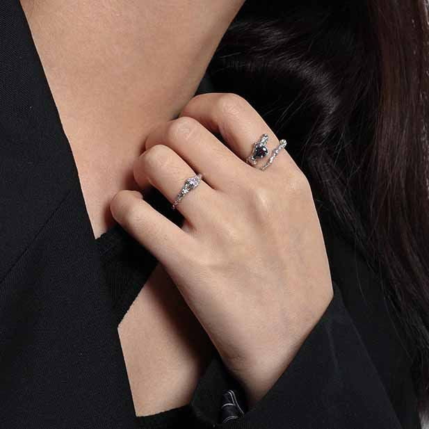 Black Waterdrop Ring – adjustable 925 sterling silver ring with a black cubic zirconia waterdrop stone, view 5