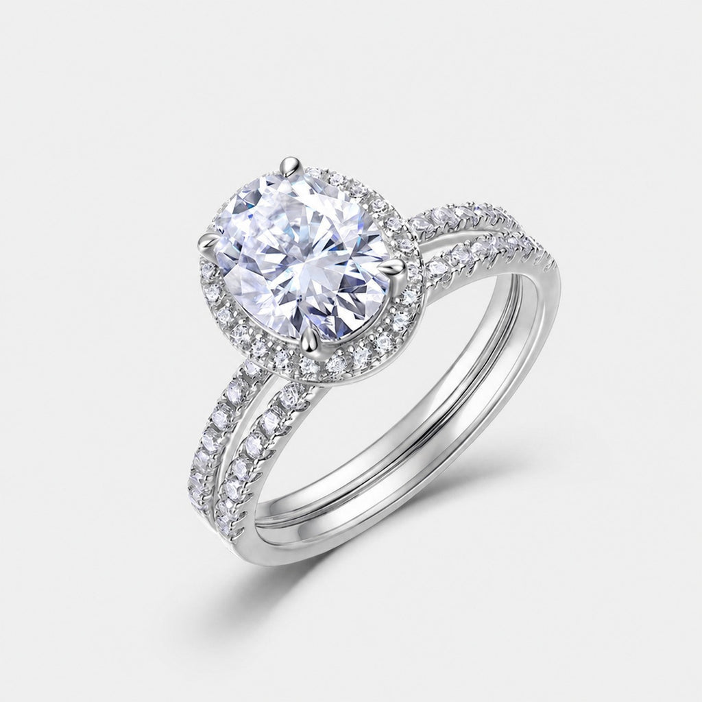 Oval Halo Ring – 2ct oval moissanite halo ring with split shank in 925 sterling silver, view 4