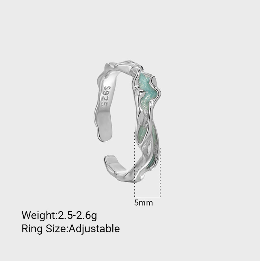 Aqua Wave Ring – adjustable open ring in rhodium-plated 925 sterling silver with aqua green epoxy inlay, view 6