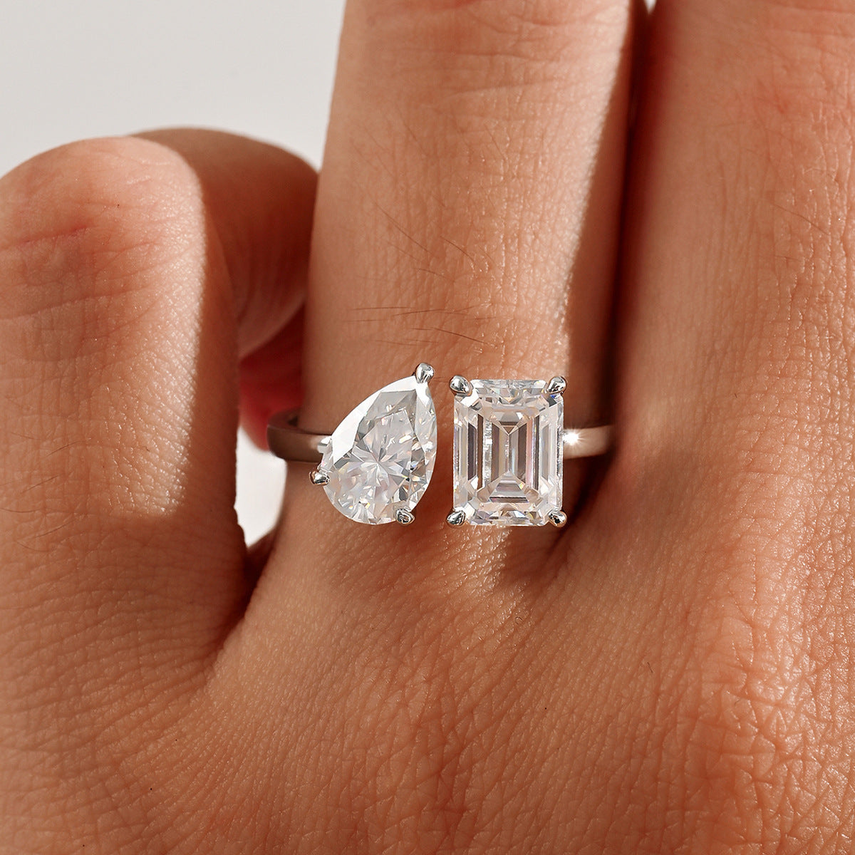 Pear Emerald Cut Moissanite Ring | Adjustable