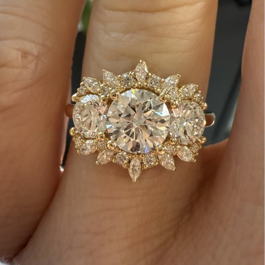 Bloom Halo Ring – 2ct moissanite three-stone halo cluster ring in 925 sterling silver, view 6