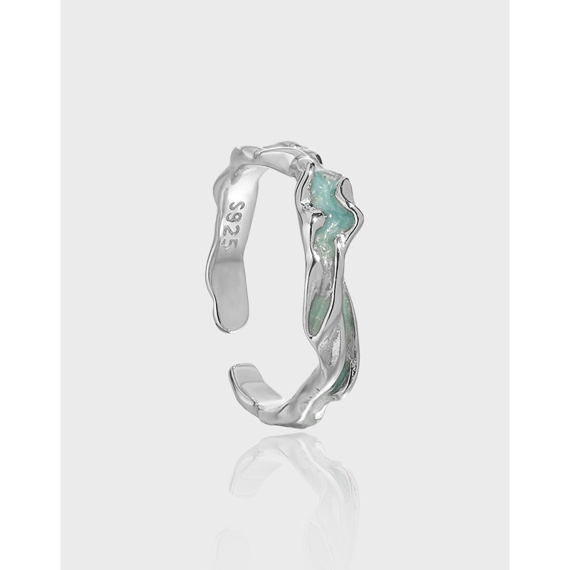 Aqua Wave Ring – adjustable open ring in rhodium-plated 925 sterling silver with aqua green epoxy inlay, view 3