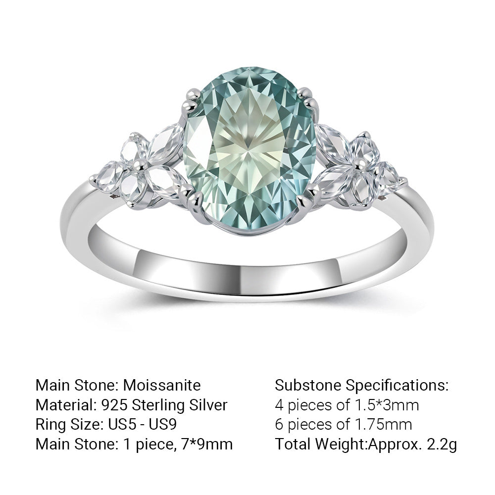Lagoon Oval Ring – 2ct blue-green oval moissanite floral cluster ring in 925 sterling silver, view 4