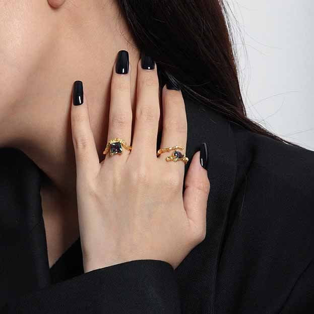 Black Waterdrop Ring – adjustable 925 sterling silver ring with a black cubic zirconia waterdrop stone, view 4